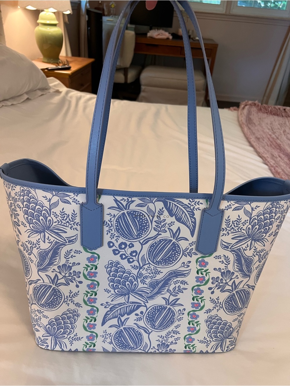 Rifle Paper Co. Blue and White Floral Tote with Green Accent
